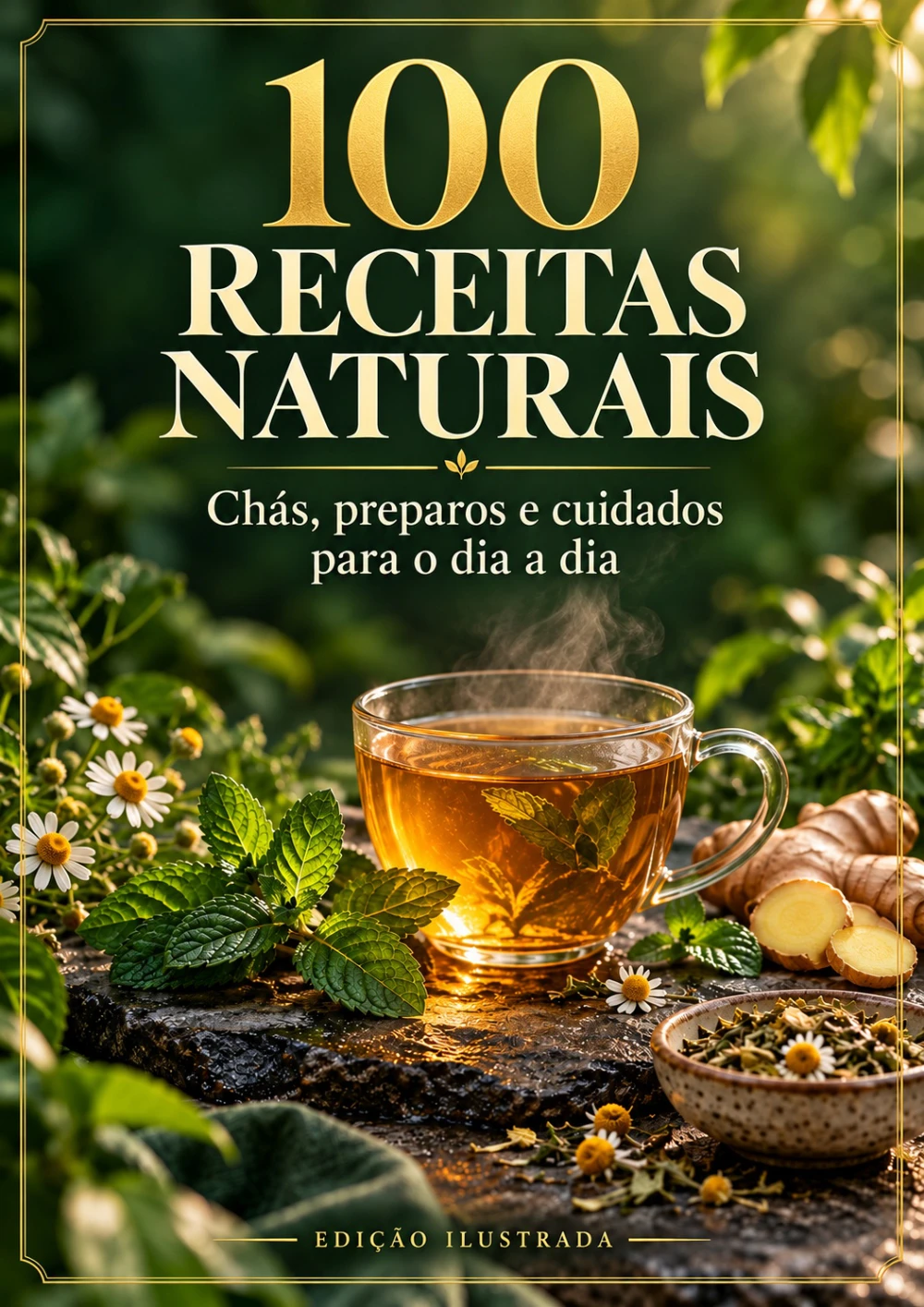 Capa do e-book 100 Receitas Naturais, com chá, ervas e título dourado